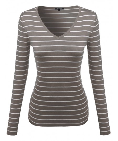 Women's Basic V-Neck Stripe Sweater Various Color Tops