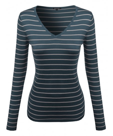 Women's Basic V-Neck Stripe Sweater Various Color Tops