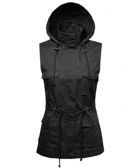 Women's Sleeveless Safari Military Hooded Vest Jacket