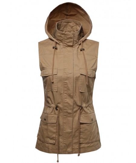 Women's Sleeveless Safari Military Hooded Vest Jacket