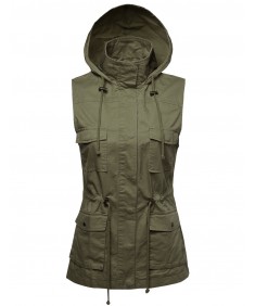 Women's Sleeveless Safari Military Hooded Vest Jacket