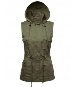 Women's Sleeveless Safari Military Hooded Vest Jacket