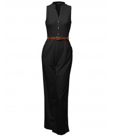 Women's Sleeveless Button Up Long Romper Jumpsuit with Belt