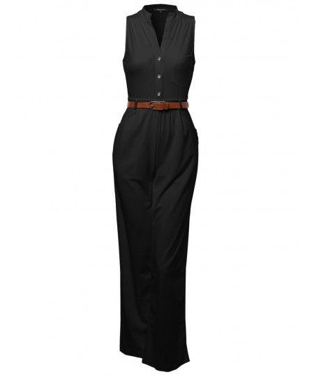 Women's Sleeveless Button Up Long Romper Jumpsuit with Belt