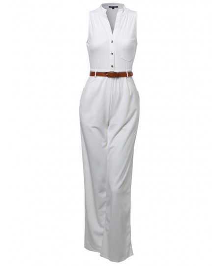 Women's Sleeveless Button Up Long Romper Jumpsuit with Belt