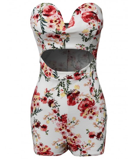 Women's Floral Strapless Front Cutout Open Romper