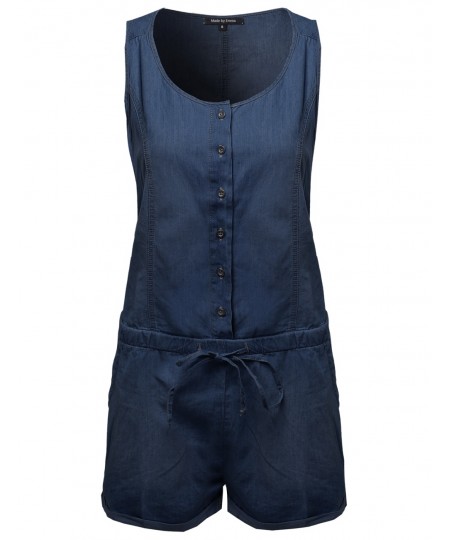 Women's Classic Basic Denim Sleeveless Romper With Adjustable Waist