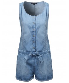 Women's Classic Basic Denim Sleeveless Romper With Adjustable Waist