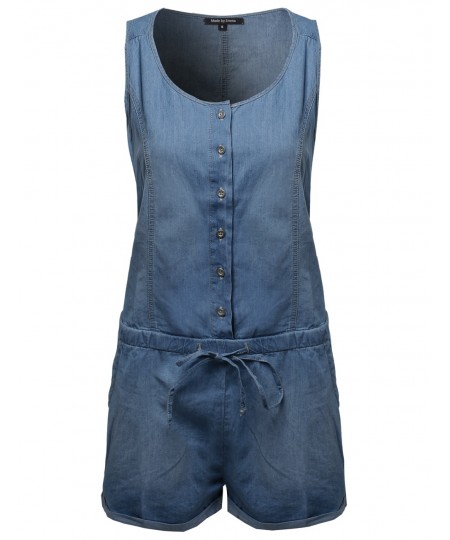 Women's Classic Basic Denim Sleeveless Romper With Adjustable Waist