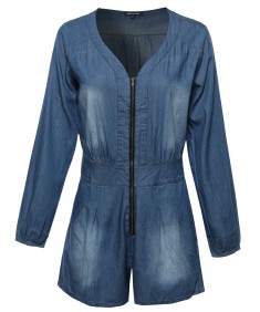 Women's Zip-Up Long Sleeve Denim Romper