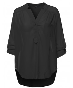 Women's Plus Size Henley Neck W/ Pocket 3/4 Sleeve Sheer Blouse Top