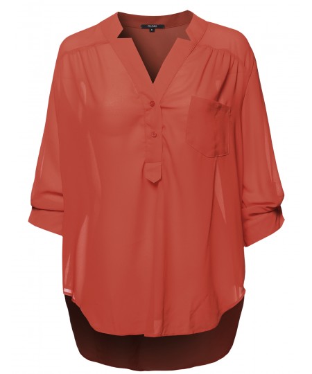 Women's Plus Size Henley Neck W/ Pocket 3/4 Sleeve Sheer Blouse Top