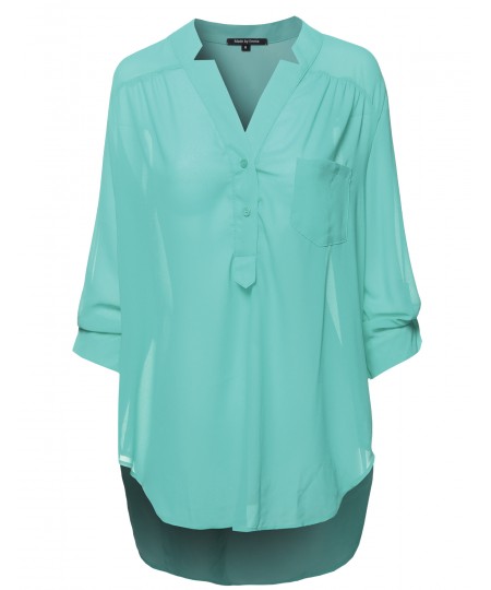 Women's Henley Neck W/ Pocket 3/4 Sleeve Sheer Blouse Top