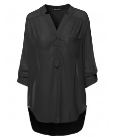 Women's Henley Neck W/ Pocket 3/4 Sleeve Sheer Blouse Top