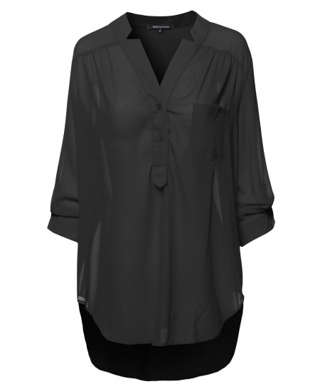 Women's Henley Neck W/ Pocket 3/4 Sleeve Sheer Blouse Top