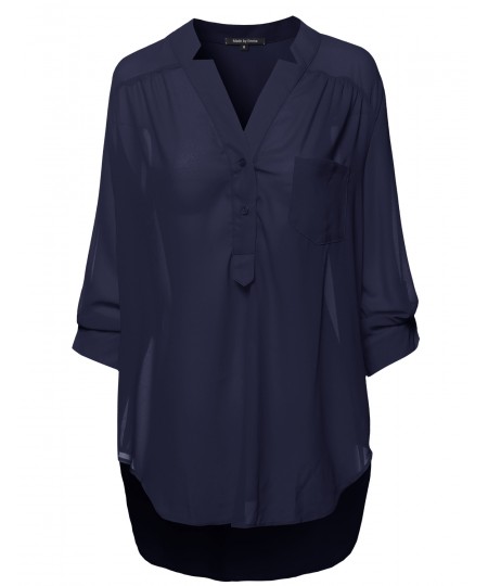 Women's Henley Neck W/ Pocket 3/4 Sleeve Sheer Blouse Top