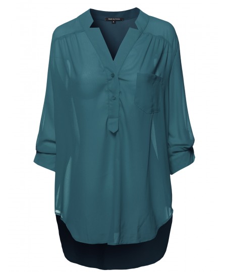 Women's Henley Neck W/ Pocket 3/4 Sleeve Sheer Blouse Top