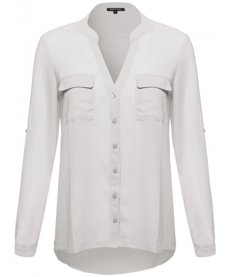 Women's Sheer Button Up Henley Neck Blouse Top