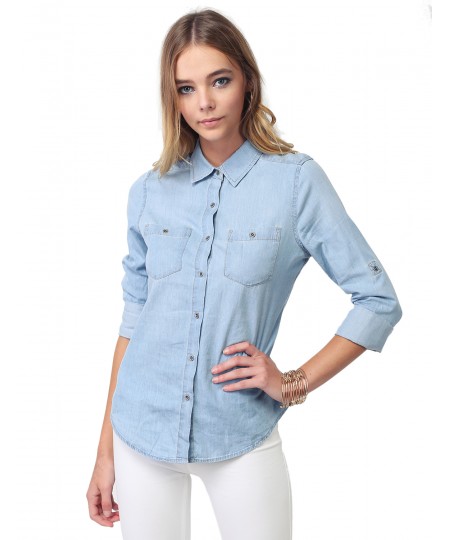 Women's Basic Classic Button Closure Roll Up Sleeves Chest Pocket Denim Chambray