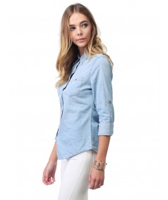 Women's Basic Classic Button Closure Roll Up Sleeves Chest Pocket Denim Chambray