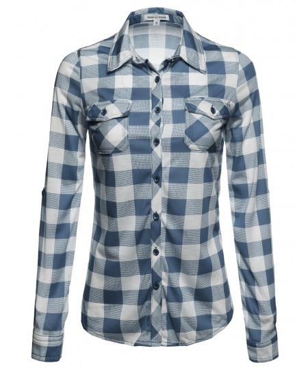 Women's Basic Classic Lightweight Collar Plaid Button Down Shirt