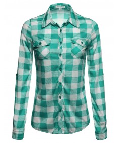 Women's Basic Classic Lightweight Collar Plaid Button Down Shirt