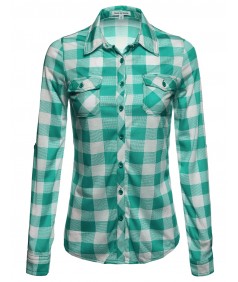 Women's Basic Classic Lightweight Collar Plaid Button Down Shirt