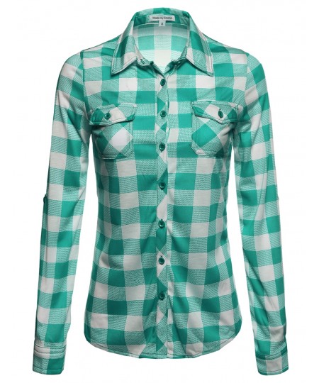 Women's Basic Classic Lightweight Collar Plaid Button Down Shirt