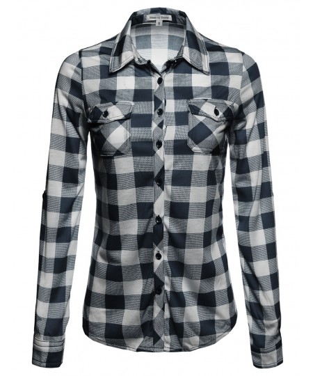 Women's Basic Classic Lightweight Collar Plaid Button Down Shirt