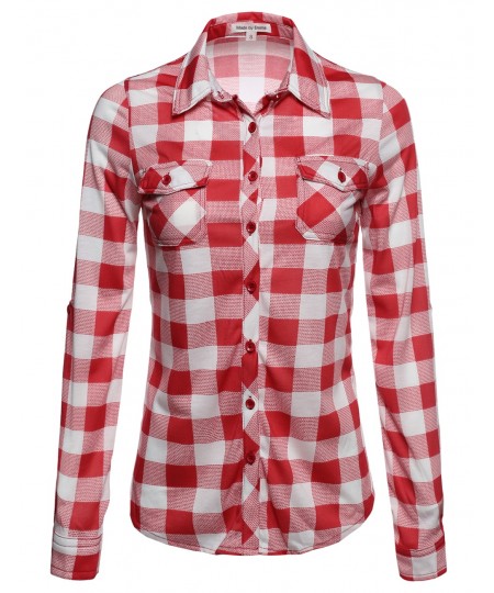 Women's Basic Classic Lightweight Collar Plaid Button Down Shirt