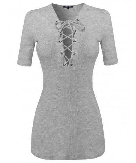 Women's Eyelet Lace Up Ribbed Short Sleeve Top