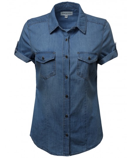 Women's Basic & Classic Short Sleeve Denim Chambray