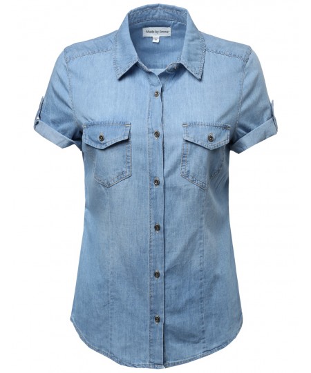 Women's Basic & Classic Short Sleeve Denim Chambray