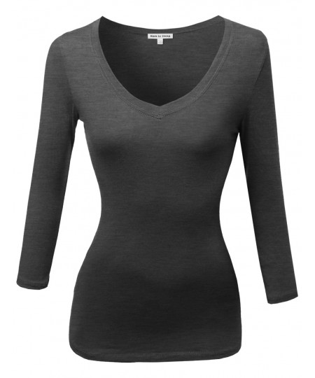 Women's Junior Classic Cotton-Blend 3/4 Sleeve V-neck Top