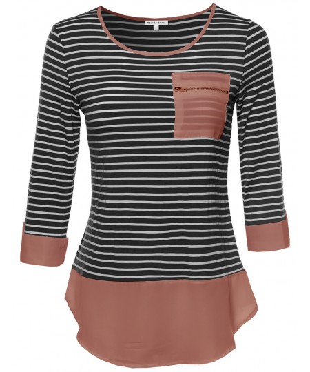 Women's Contemporary Chic Round Neck Stripe Top Rolled Up Sleeves