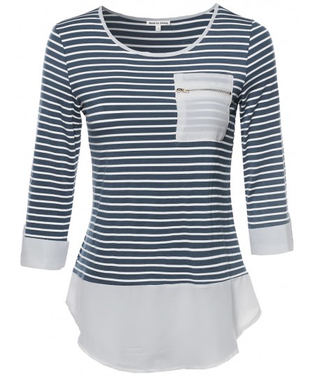 Women's Contemporary Chic Round Neck Stripe Top Rolled Up Sleeves