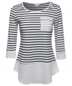 Women's Contemporary Chic Round Neck Stripe Top Rolled Up Sleeves