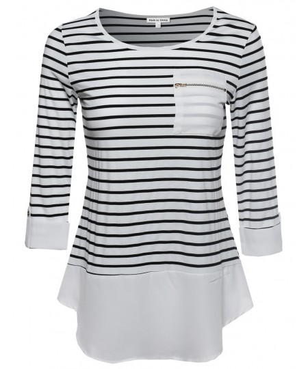 Women's Contemporary Chic Round Neck Stripe Top Rolled Up Sleeves