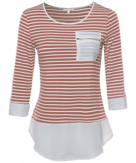 Women's Contemporary Chic Round Neck Stripe Top Rolled Up Sleeves