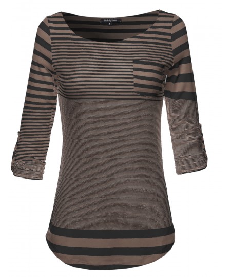 Women's 3/4 Sleeve Contemporary Stripe Boatneck Top W/ Front Pocket