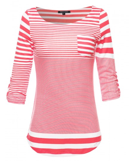 Women's 3/4 Sleeve Contemporary Stripe Boatneck Top W/ Front Pocket