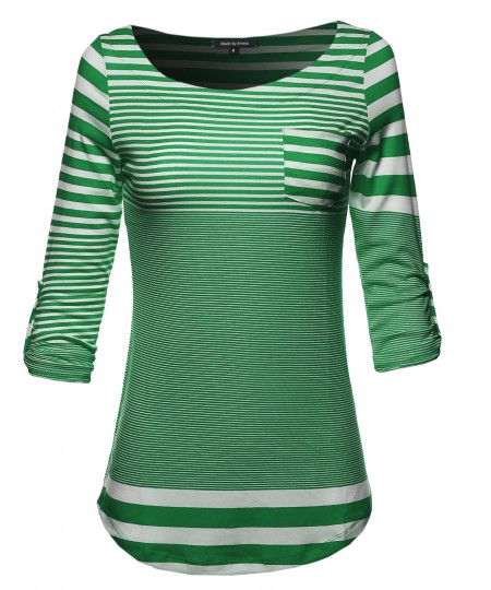 Women's 3/4 Sleeve Contemporary Stripe Boatneck Top W/ Front Pocket