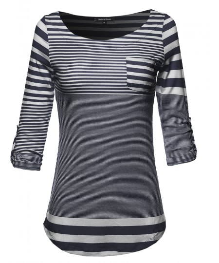 Women's 3/4 Sleeve Contemporary Stripe Boatneck Top W/ Front Pocket