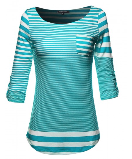 Women's 3/4 Sleeve Contemporary Stripe Boatneck Top W/ Front Pocket