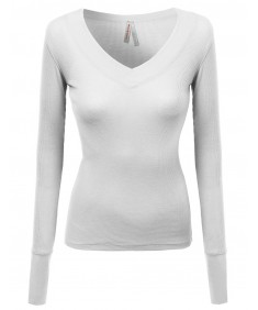 Women's Basic Solid V-Neck Henley Lace Long Sleeves Thermal Tee