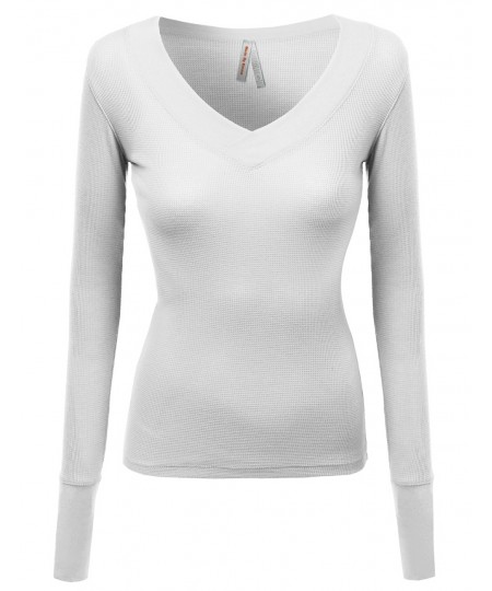 Women's Basic Solid V-Neck Henley Lace Long Sleeves Thermal Tee