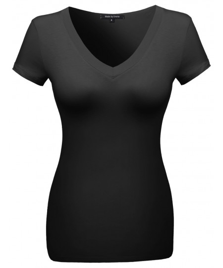 Women's Basic Solid Vneck Various Color Short Sleeve