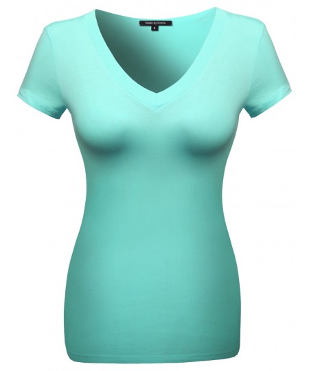 Women's Basic Solid Vneck Various Color Short Sleeve