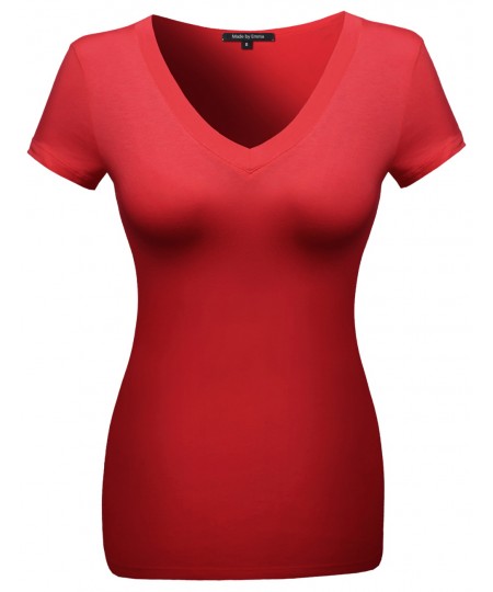 Women's Basic Solid Vneck Various Color Short Sleeve