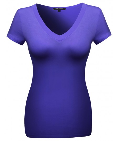 Women's Basic Solid Vneck Various Color Short Sleeve